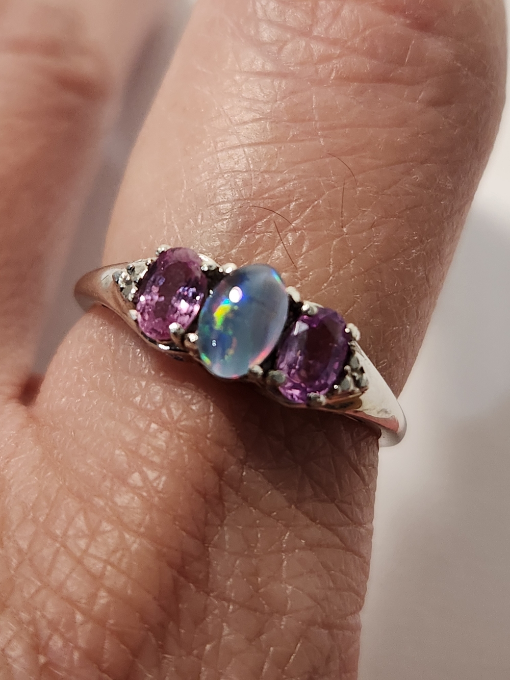 NWT Custom Real Natural Pink & Violet Real Sapphires Opal Trilogy Ring Sz 7